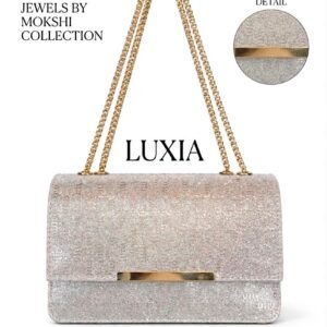 SILVER SHIMMER FLAP CLUTCH WITH GOLD HARDWARE