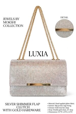 SILVER SHIMMER FLAP CLUTCH WITH GOLD HARDWARE