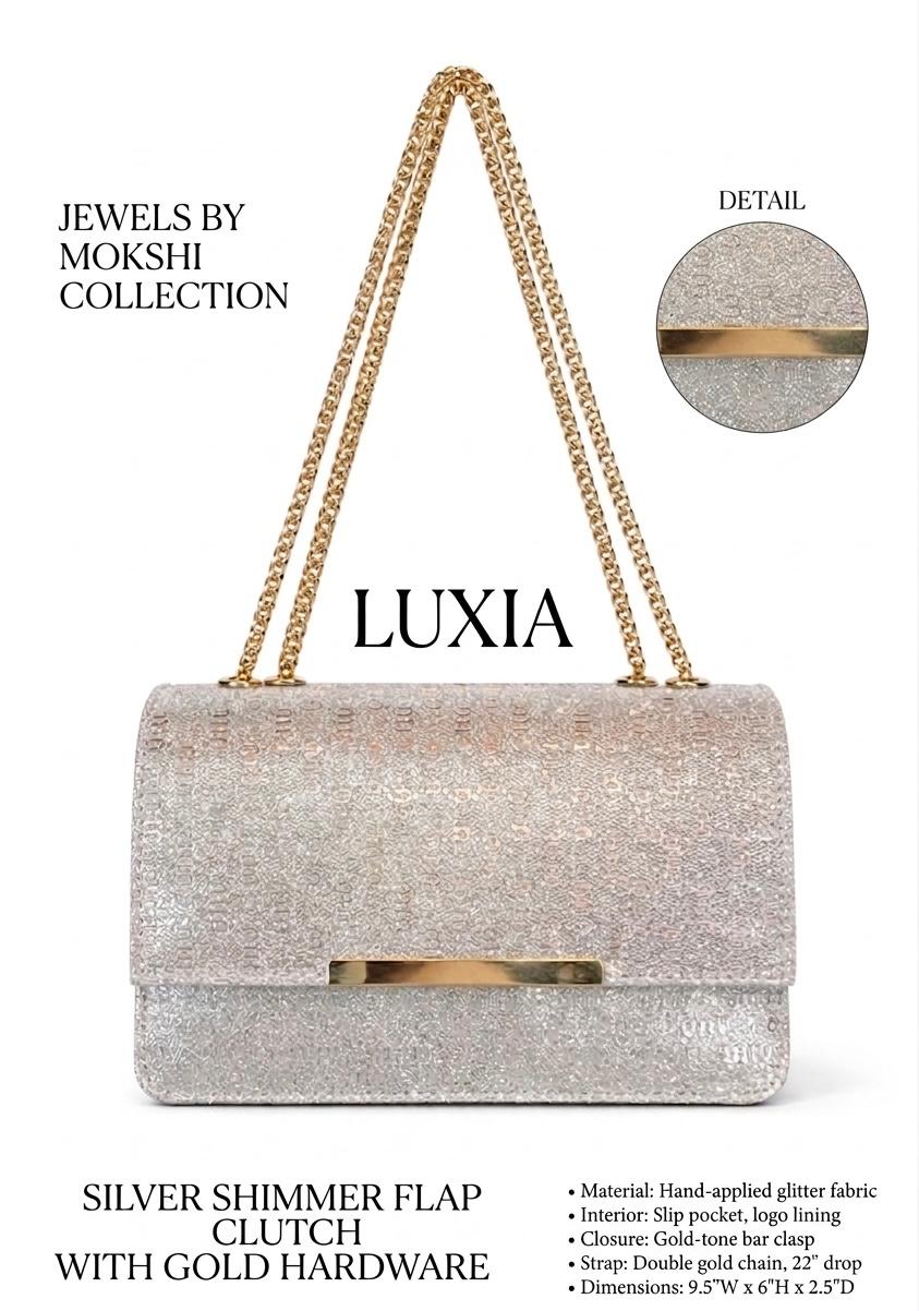 SILVER SHIMMER FLAP CLUTCH WITH GOLD HARDWARE
