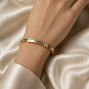 Serene Roman Numeral Cuff Bangle with Zirconia Accent - Elegant Daily Wear Bracelet