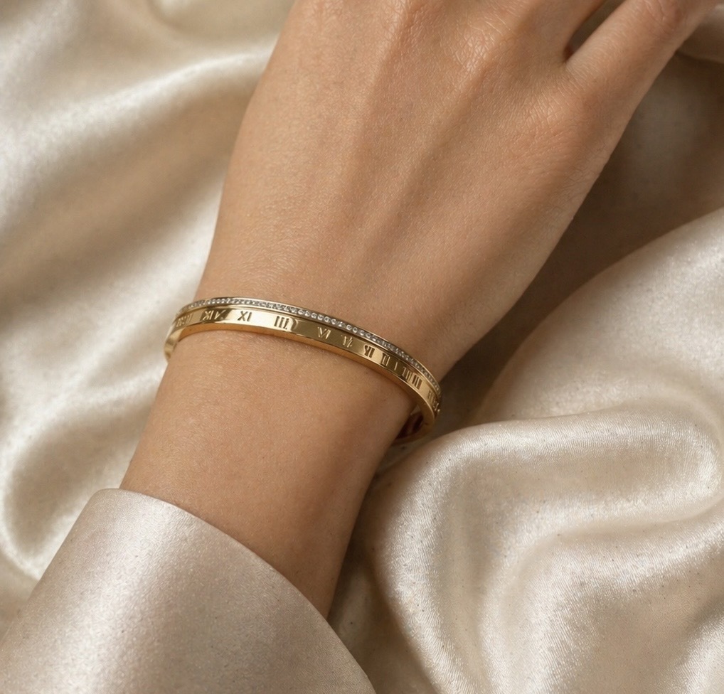 Serene Roman Numeral Cuff Bangle with Zirconia Accent - Elegant Daily Wear Bracelet
