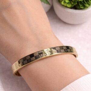 Sacred Om Checkerboard Bangle – 18K Gold Plated Spiritual Kada