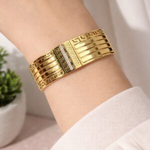 Imperial Greek Key Cuff – Wide Multi-Strand Gold & Crystal Kada