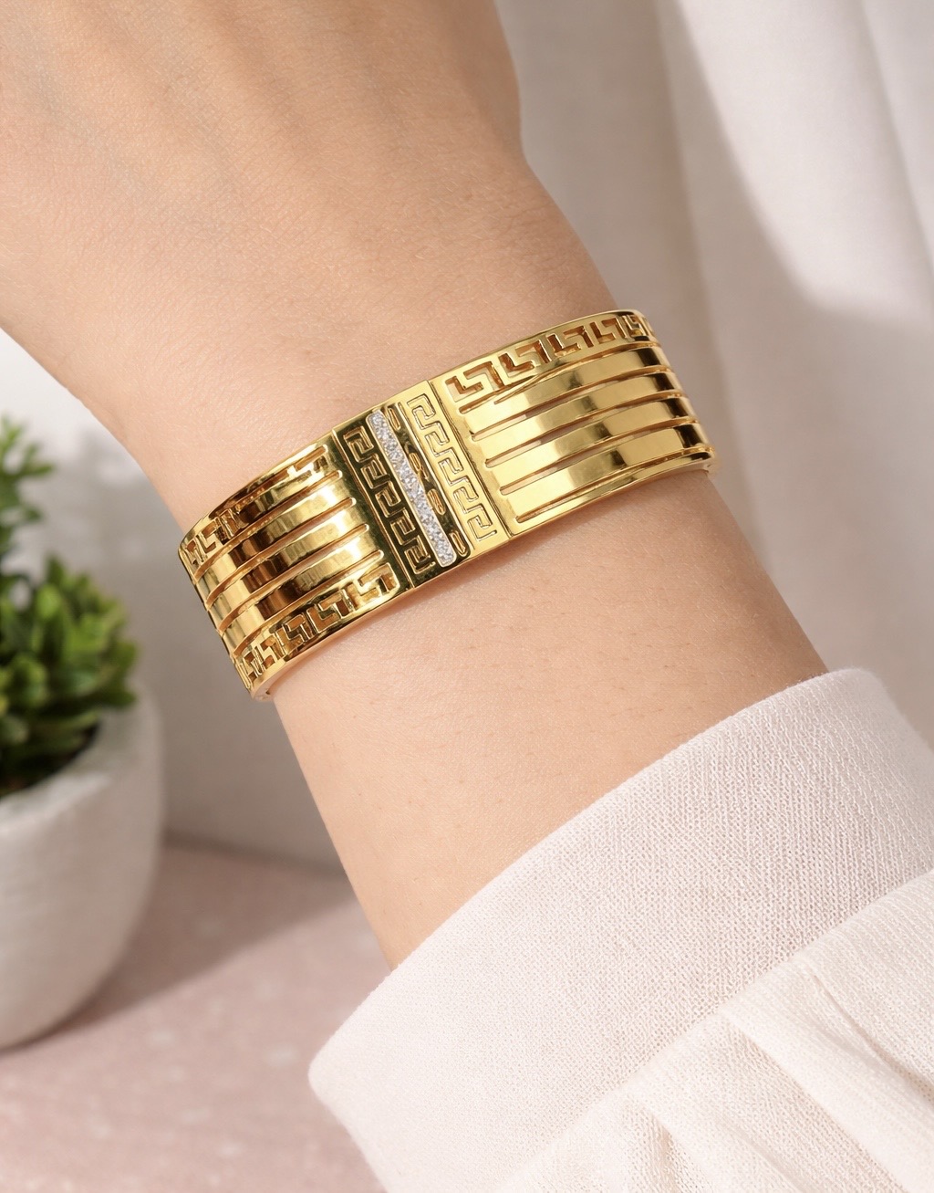 Imperial Greek Key Cuff – Wide Multi-Strand Gold & Crystal Kada