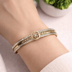 Ethereal Mandala Triple-Strand Bangle – Gold & Crystal Pavé Openable Kada