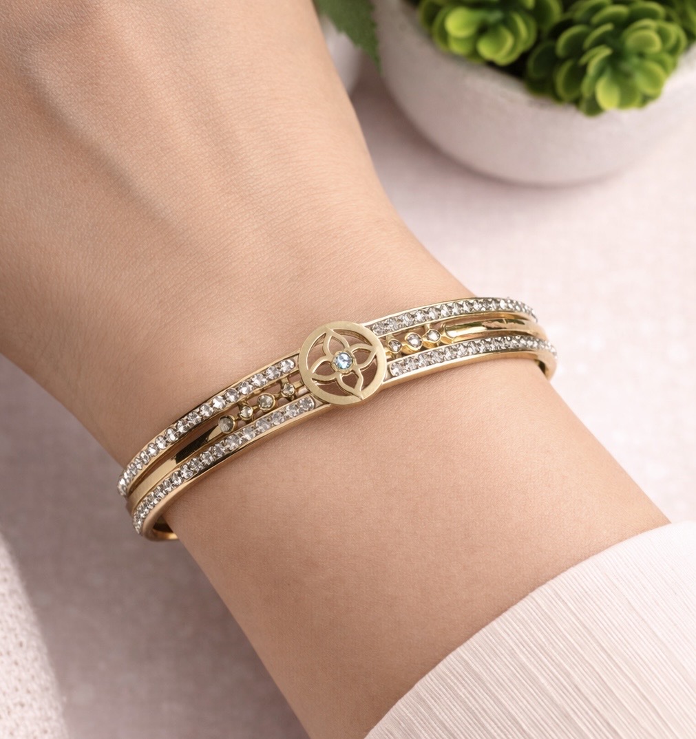 Ethereal Mandala Triple-Strand Bangle – Gold & Crystal Pavé Openable Kada