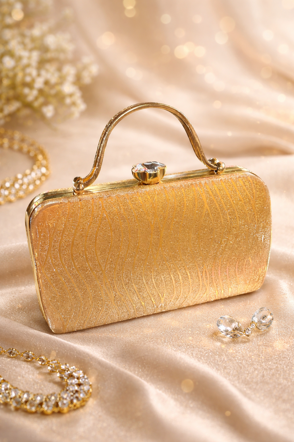 Aurora Gilded Wave Box Clutch – Crystal Crown Handle Edition