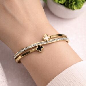 Midnight & Pearl Clover Bangle – Dual-Strand Gold & Crystal Pavé Kada