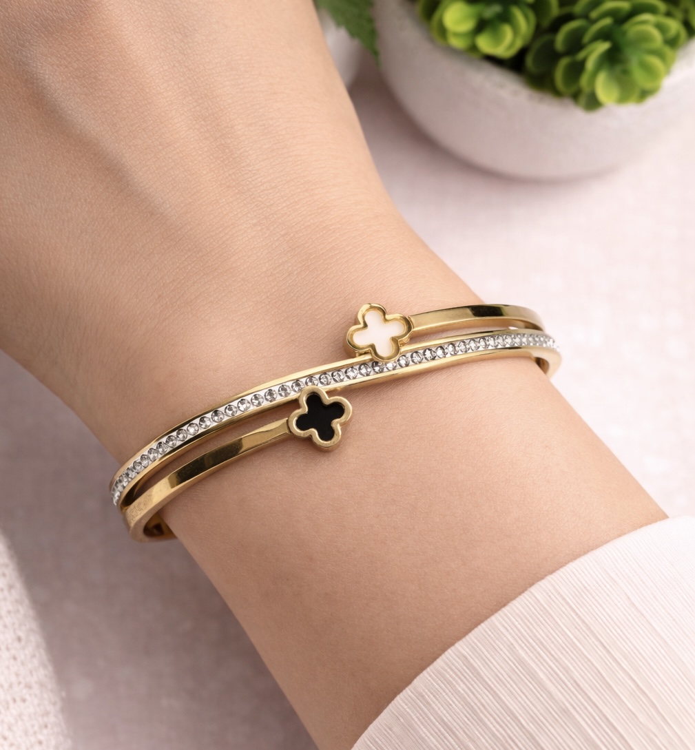 Midnight & Pearl Clover Bangle – Dual-Strand Gold & Crystal Pavé Kada