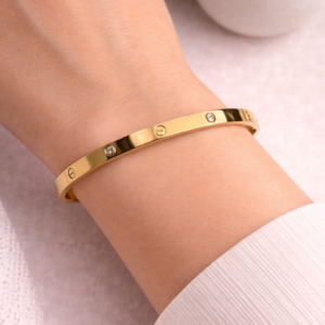 Signature Screw-Motif Bangle – Gold & Bezel-Set Crystal Kada