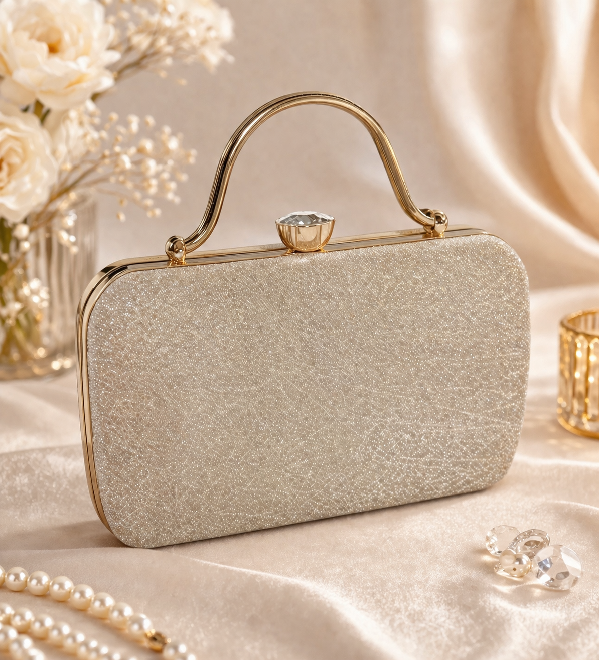 Aurora Champagne Shimmer Box Clutch – Crystal Crown Handle Edition