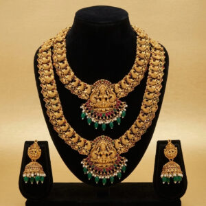Divine Lakshmi Temple Jewelry Set – Antique Gold Long & Short Haram with Jhumkas