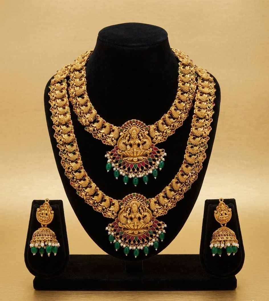 Divine Lakshmi Temple Jewelry Set – Antique Gold Long & Short Haram with Jhumkas