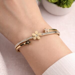Flora Tri-Tone Mixed Metal Bangle – Crystal Pavé Floral Kada