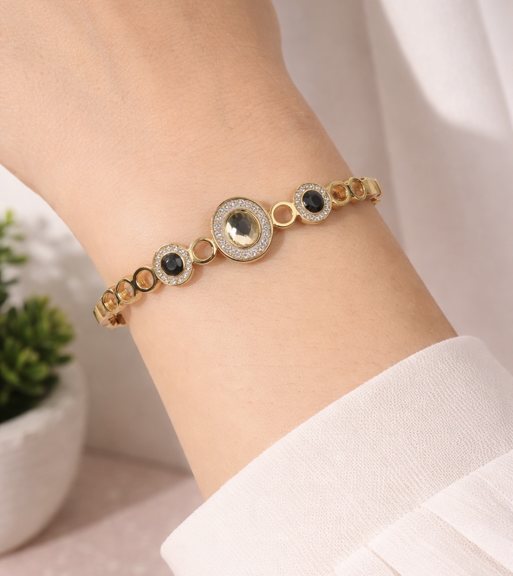 Eclipse Halo Link Bracelet – Champagne & Onyx Crystal Gold Kada