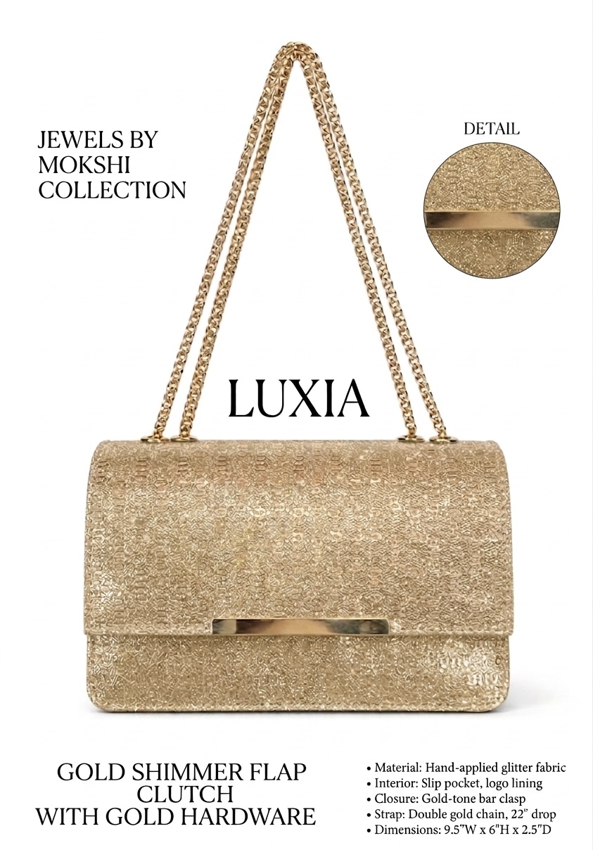 LUXIA – Gold Shimmer Flap Clutch with Double Chain Strap