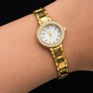 Classic Gold-Plated Link Bracelet Watch – Crystal Bezel Edition