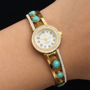 Turquoise & Crystal Halo Bangle Watch – Celestial Gold Cuff Edition