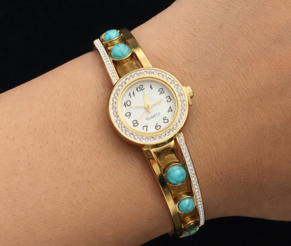 Turquoise & Crystal Halo Bangle Watch – Celestial Gold Cuff Edition