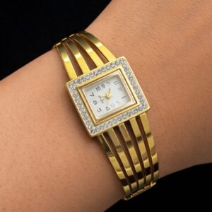 Art Deco Square Bangle Watch – Quad-Band Gold Cuff Edition