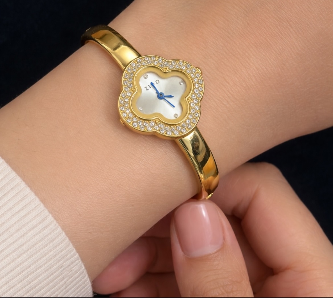 Alhambra-Inspired Clover Bangle Watch – Mother of Pearl & Gold Edition