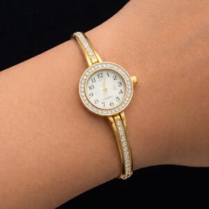 Dainty Crystal-Pavé Bangle Watch – Slim Gold Cuff Edition