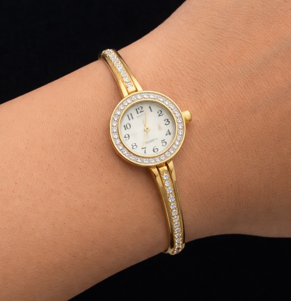 Dainty Crystal-Pavé Bangle Watch – Slim Gold Cuff Edition