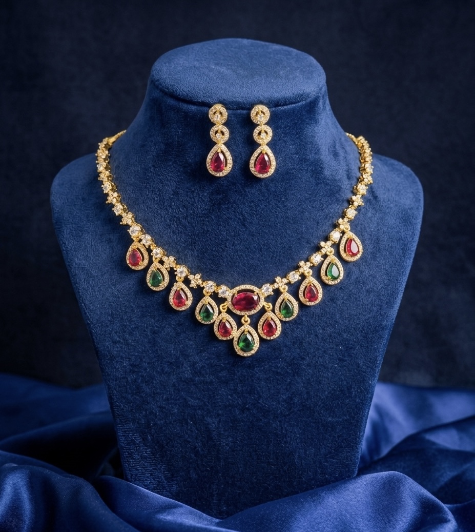 Regal Teardrop Symphony Set – Ruby & Emerald AD Stone Bridal Necklace