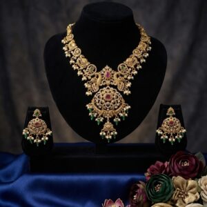 Royal Peacock Guttapusalu Set – Antique Gold & Pearl Cluster Necklace with Chandbalis