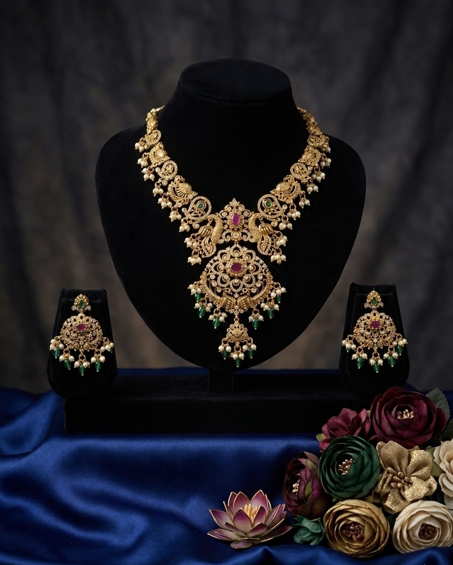 Royal Peacock Guttapusalu Set – Antique Gold & Pearl Cluster Necklace with Chandbalis