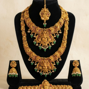 Empress Lakshmi Temple Bridal Set – 5-Piece Antique Gold Nakshi Collection