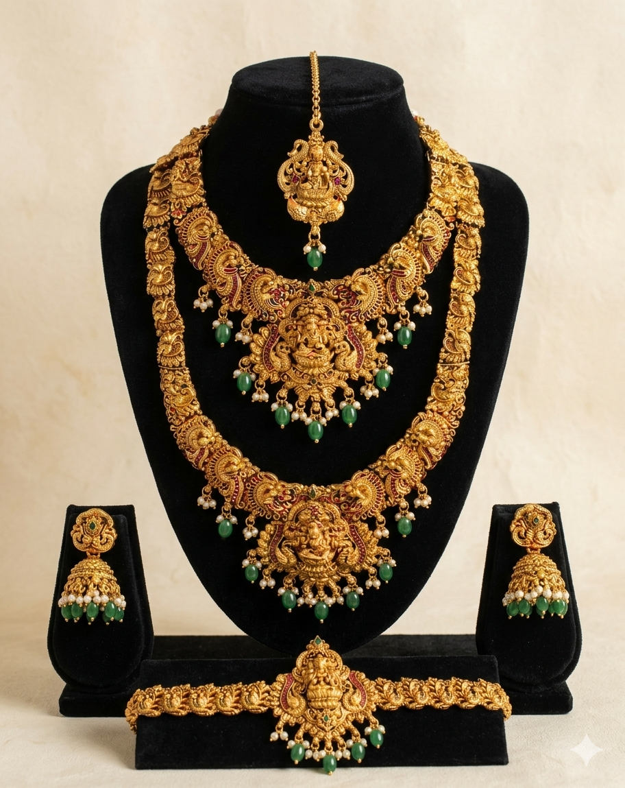 Empress Lakshmi Temple Bridal Set – 5-Piece Antique Gold Nakshi Collection