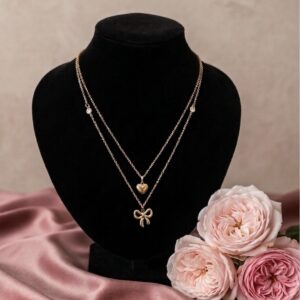 Amour & Bow Dual-Layered Necklace – Gold Plated Dainty Pendant Set