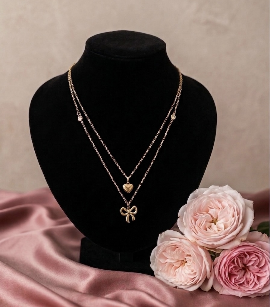 Amour & Bow Dual-Layered Necklace – Gold Plated Dainty Pendant Set