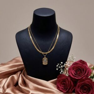 Vintage Rose Medallion Layered Set – Gold Herringbone & Bead Chain Necklace