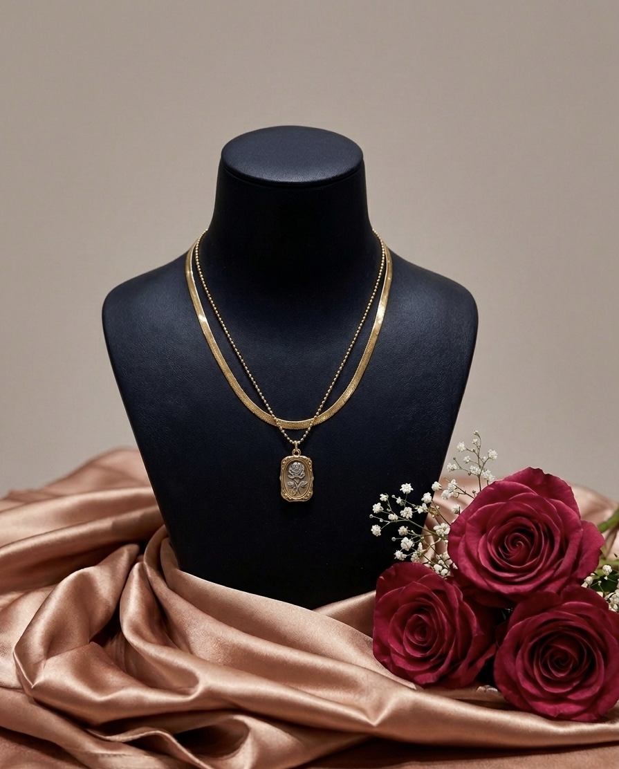 Vintage Rose Medallion Layered Set – Gold Herringbone & Bead Chain Necklace
