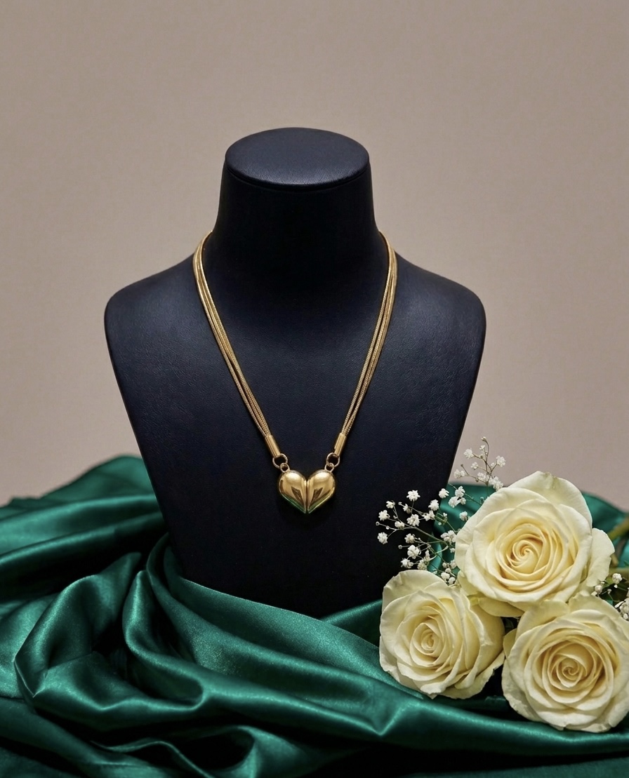 Twin-Strand Amour Heart Necklace – Polished Gold Split-Heart Statement Set