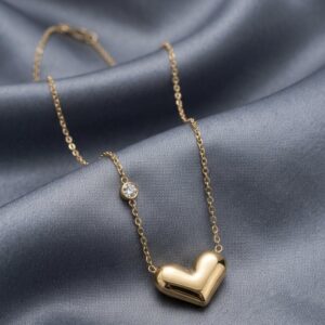 Aura Puffed Heart Necklace – 18K Gold Plated 3D Pendant with Solitaire Station