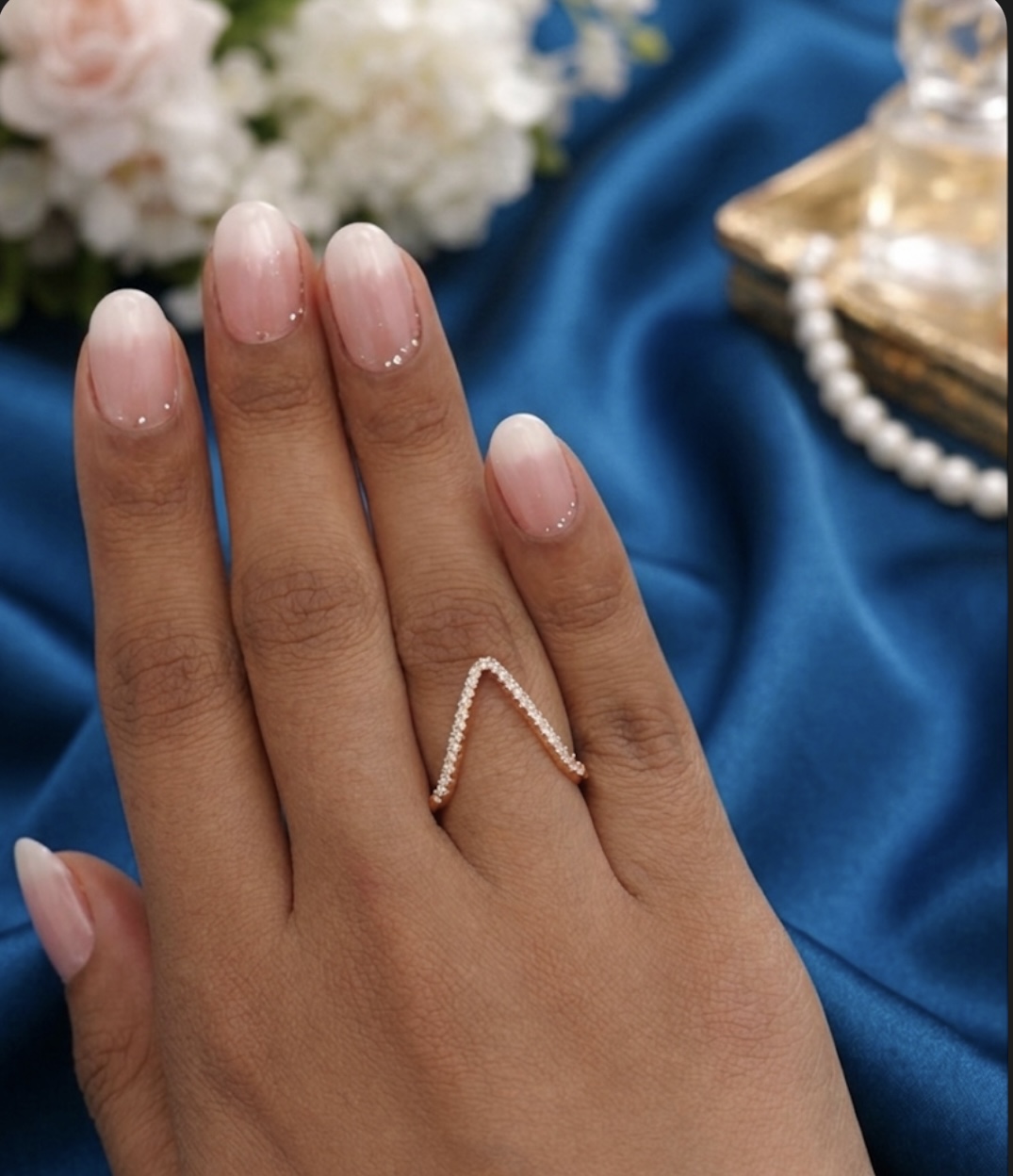 V-Crest Wishbone Ring – Rose Gold Pavé Chevron Band