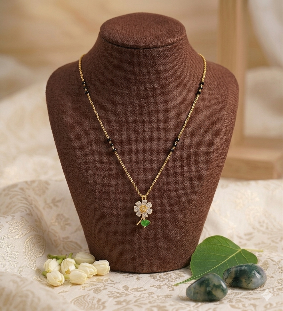 Botanical Grace Mangalsutra – Crystal Floral Pendant with Black Bead Chain